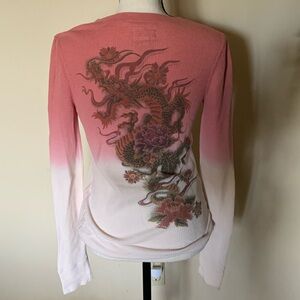 Lucky Brand salmon and cream ombré thermal with dragon on back size large